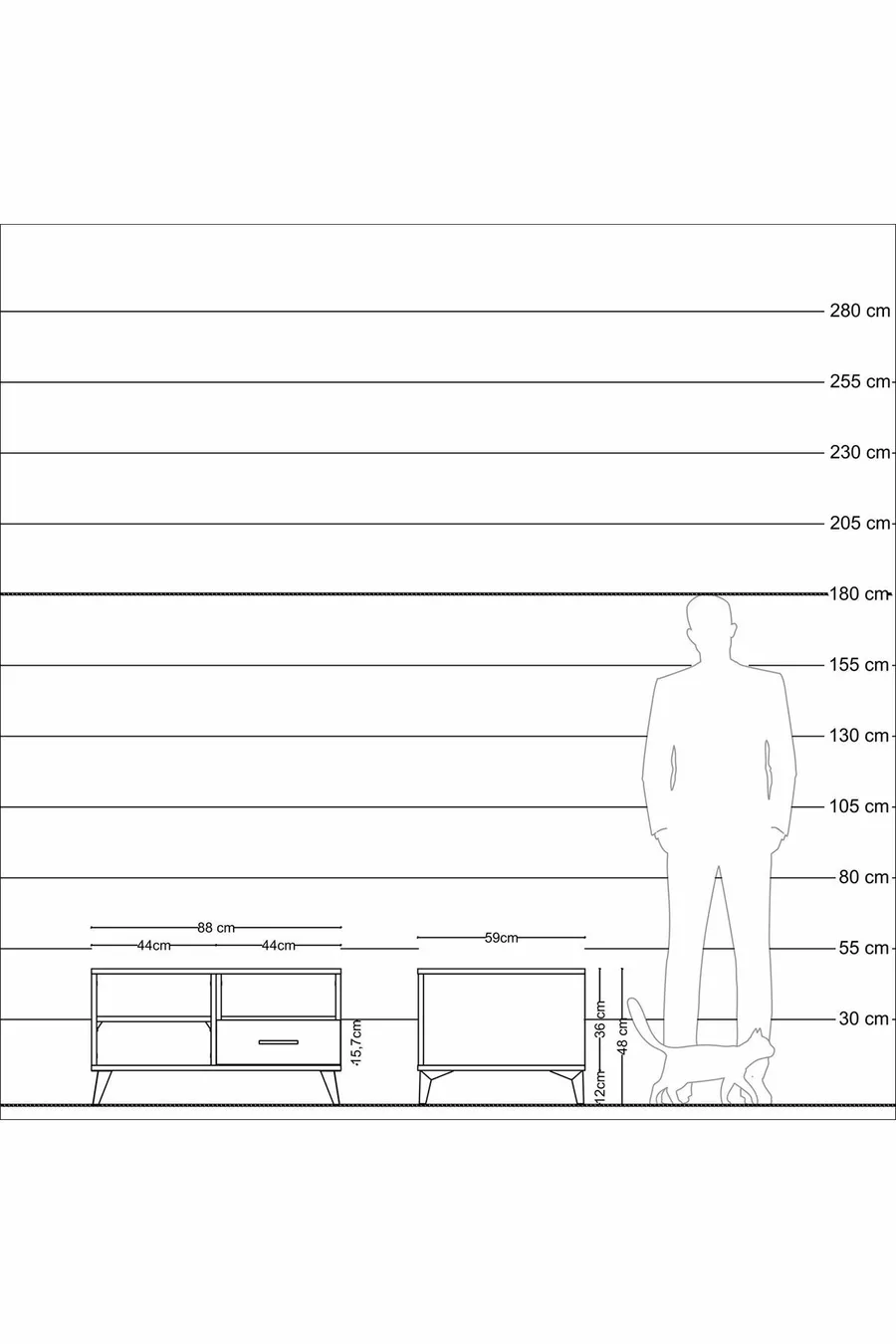 Commode Kronos à 2 étagères et 1 tiroir, en pin-anthracite/gris pierre