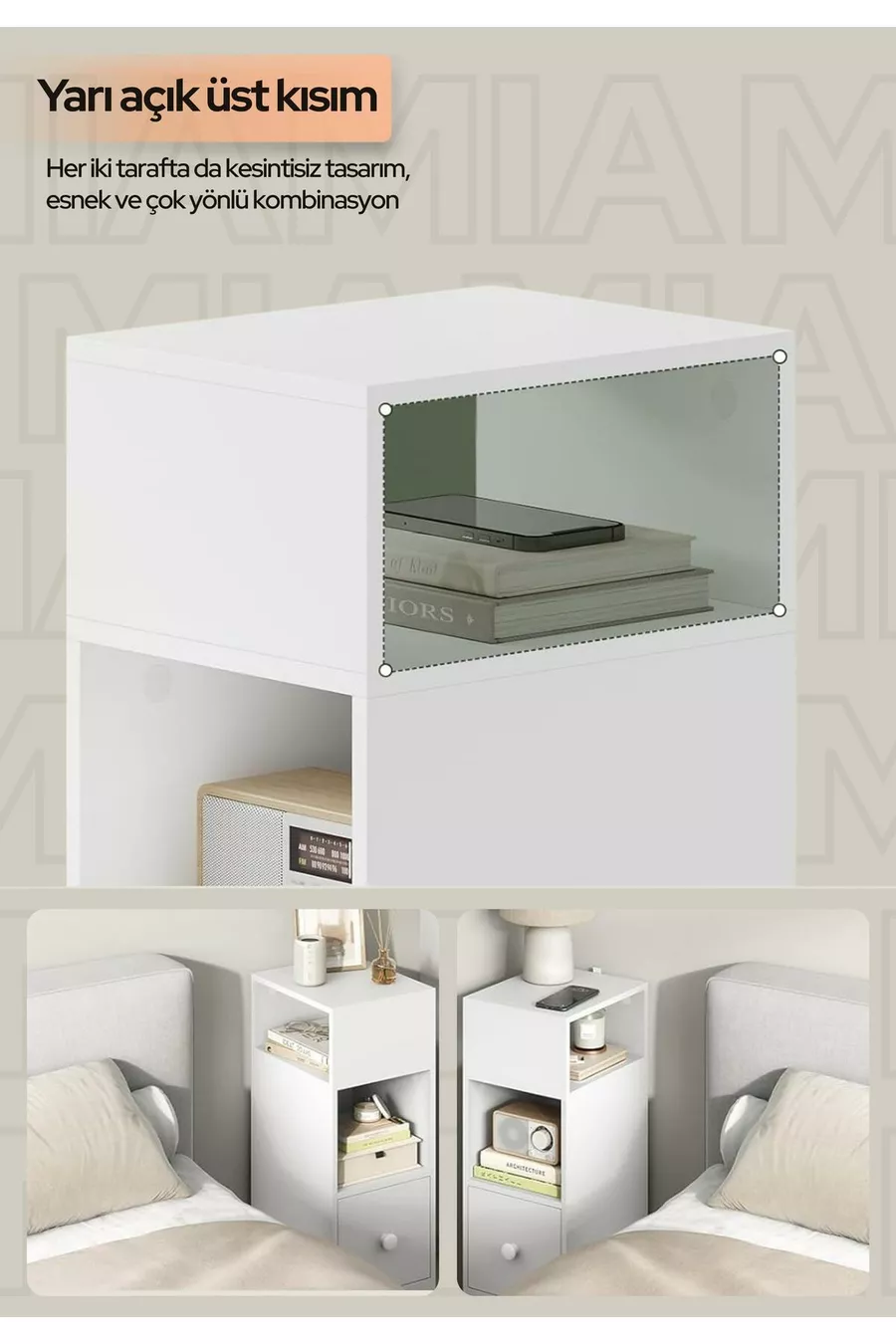Table de chevet Mia Dar – Table de chevet avec tiroir, compartiment ouvert interchangeable, table d'appoint