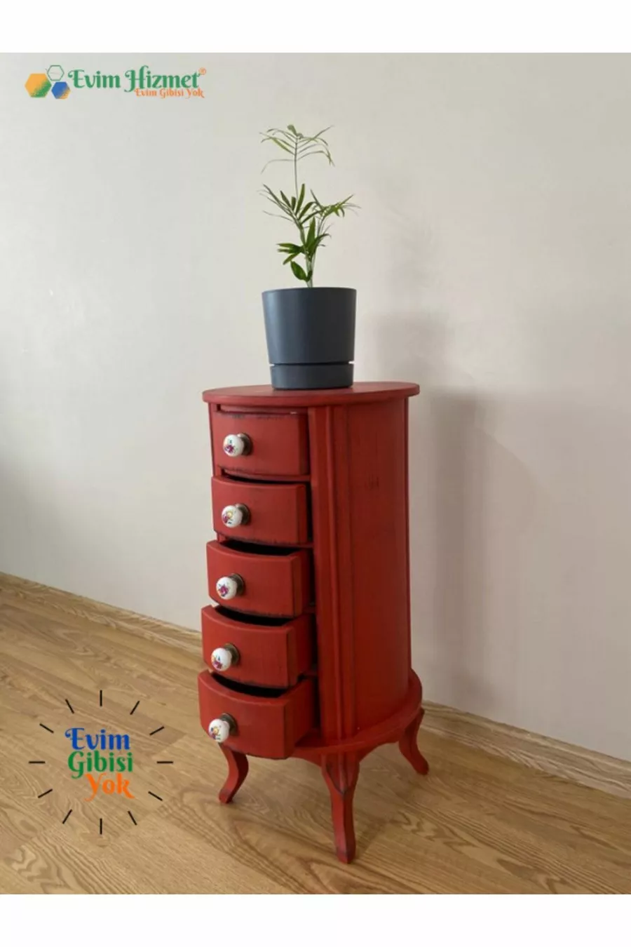 Table de chevet ronde à 5 tiroirs avec porte-plantes