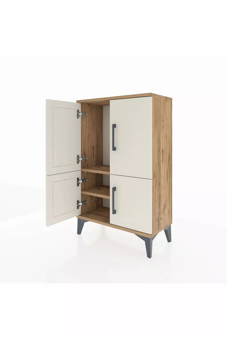 Table de chevet Arges à 2 étagères et 4 portes, en pin-pierre d'onyx