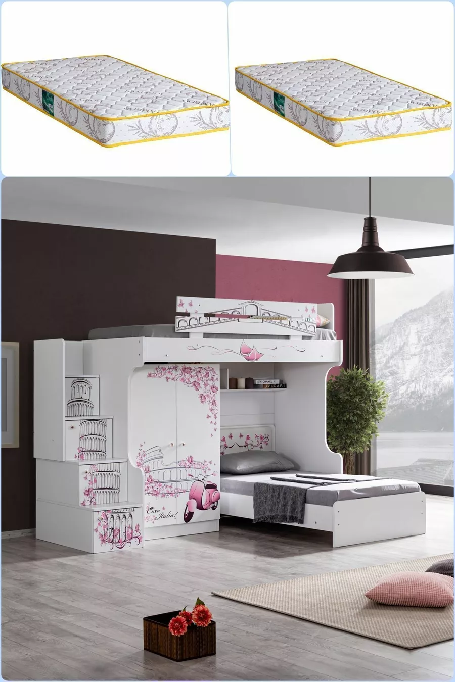 Lit superposé, lit simple Pisa avec armoire et 2 matelas Comfort