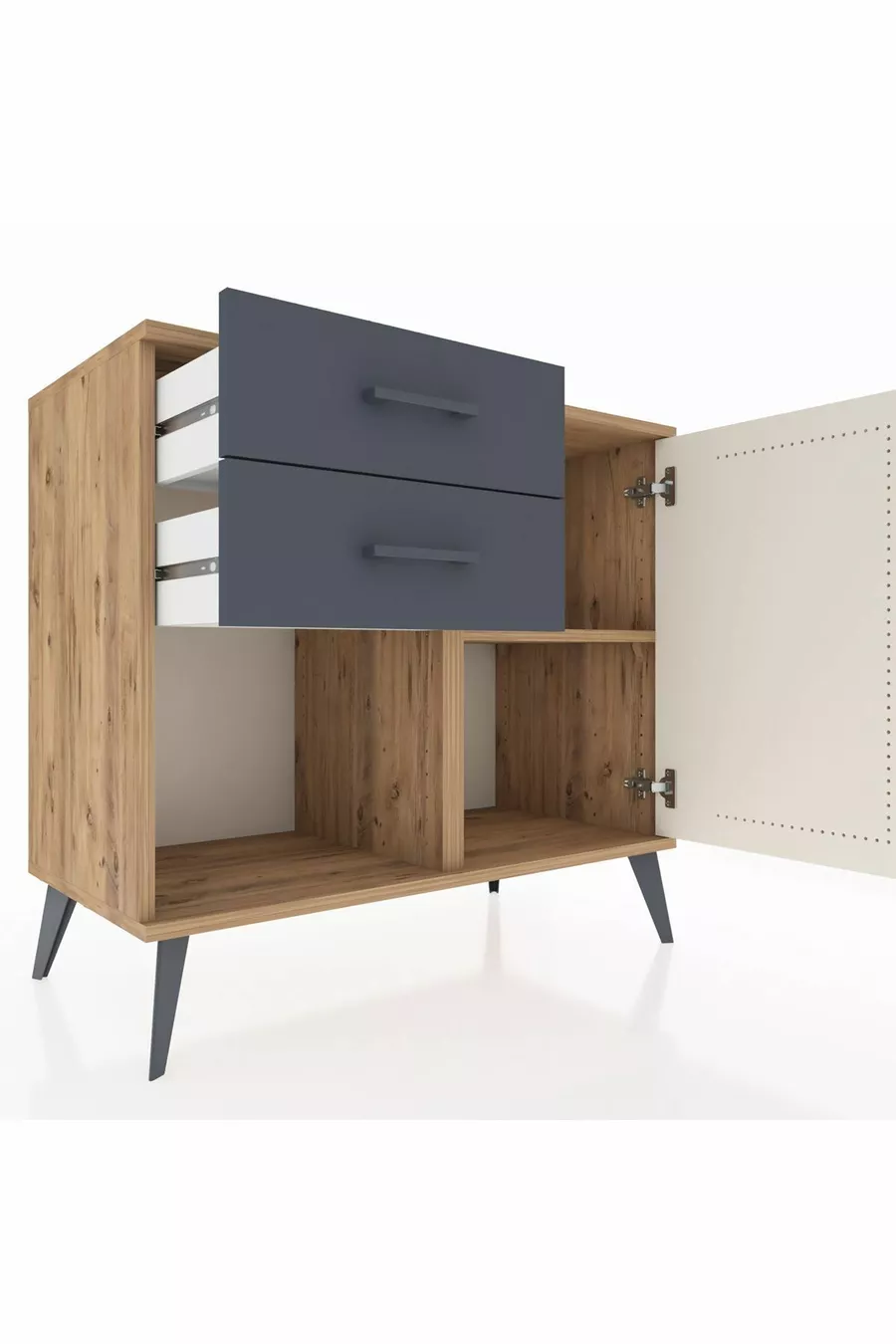 Commode Hyperion avec une seule étagère, 2 tiroirs et une porte, pin-gris/anthracite