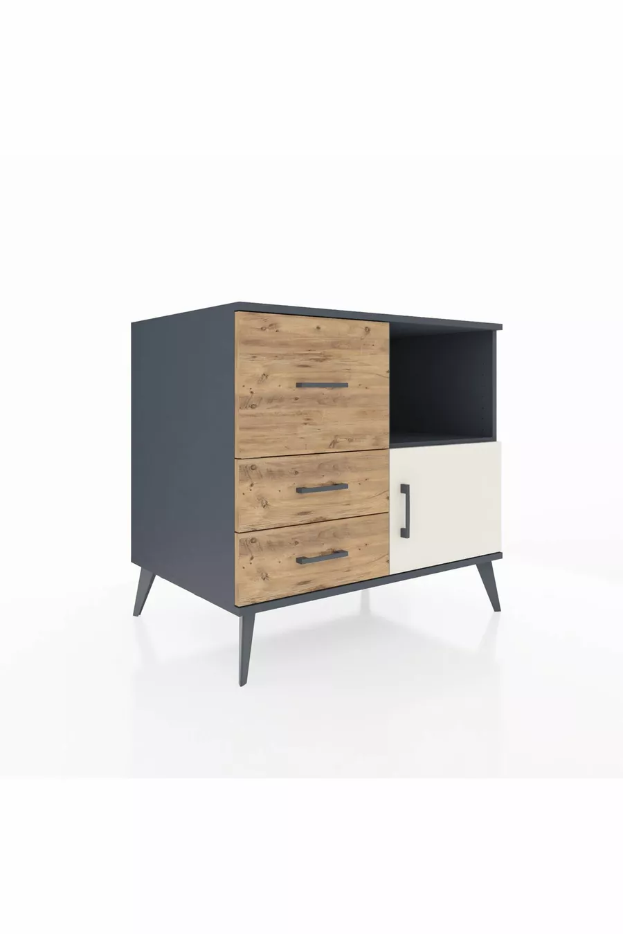 Commode Kronos à une étagère, 3 tiroirs et une porte, Anthracite-Pierre de lune/Pin
