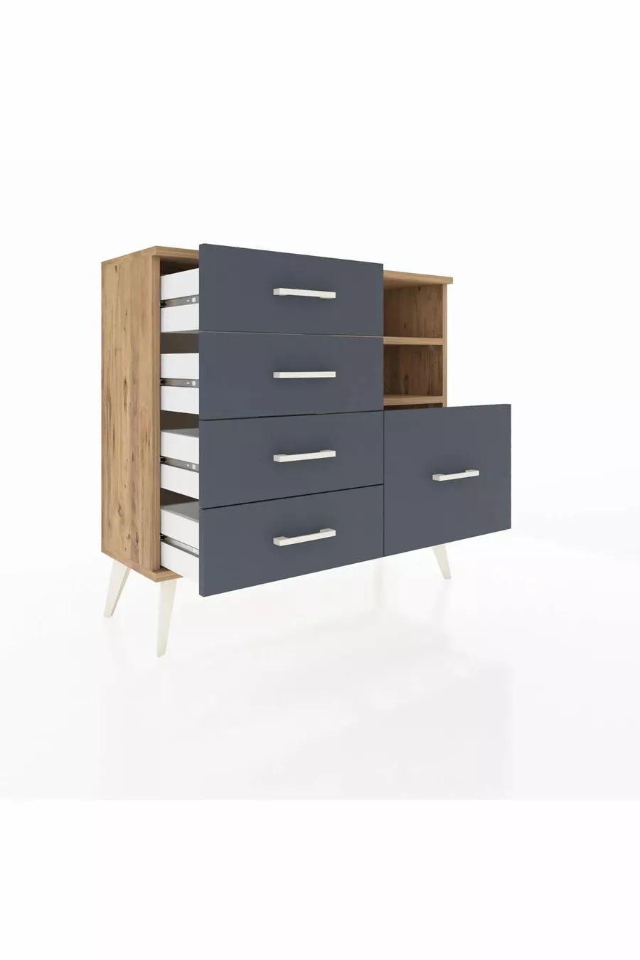 Commode Arges 2 étagères 5 tiroirs Pin-Pin/Anthracite