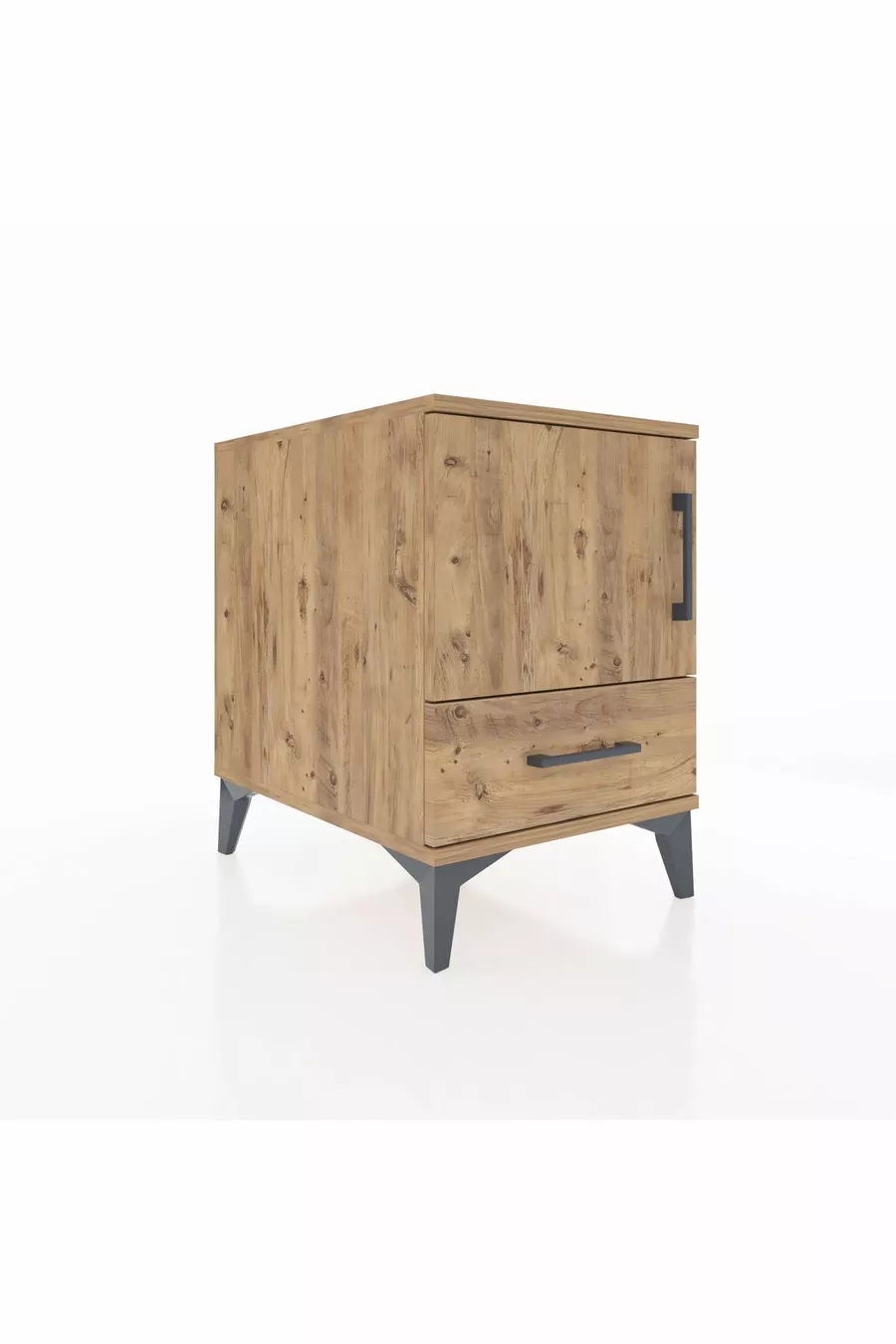 Table de chevet Kronos avec 2 étagères, 1 tiroir et 1 porte, pin-pin