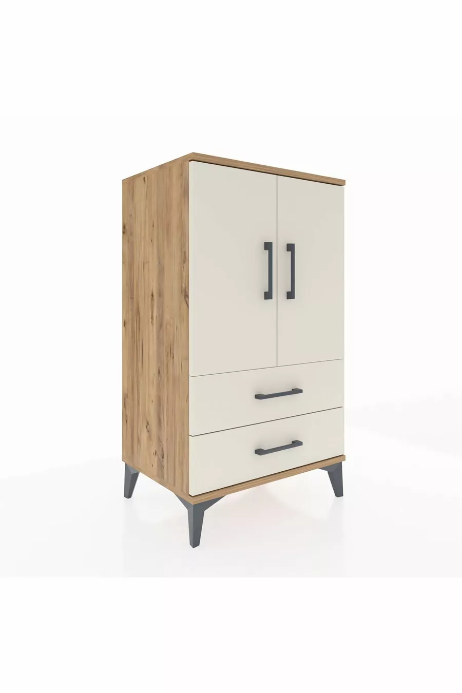 Commode Hyperion à 2 étagères, 2 tiroirs, 2 portes, Pins-Patine de pierre
