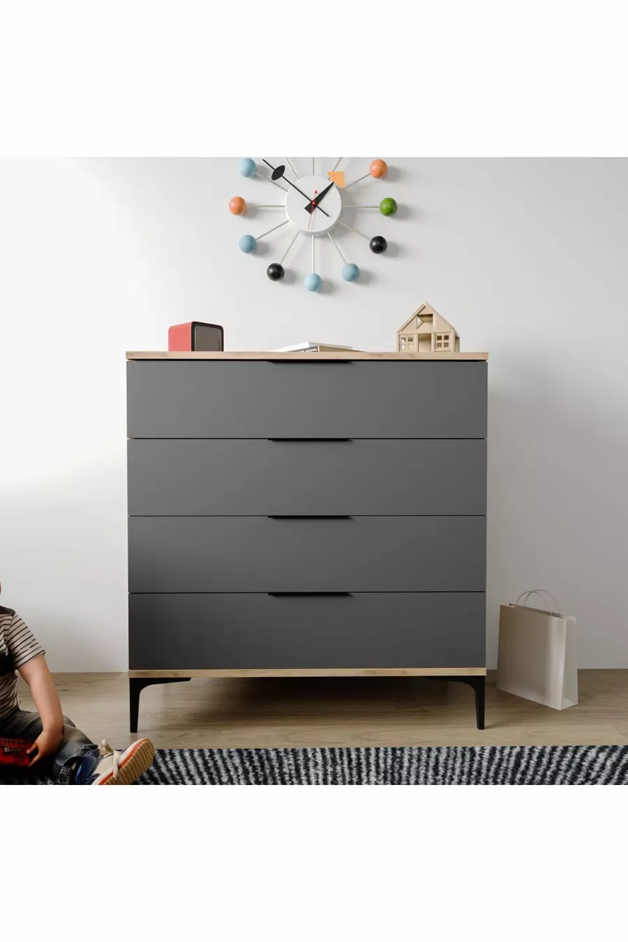 Commode Aden à 4 tiroirs anthracite, chambre à coucher, chambre d'enfant