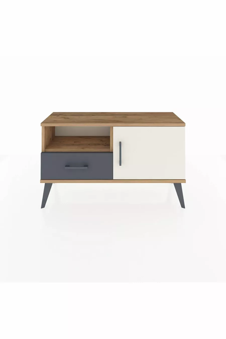 Commode Arges avec 2 étagères, 1 tiroir et 1 porte, en pin-pierre d'âme / anthracite