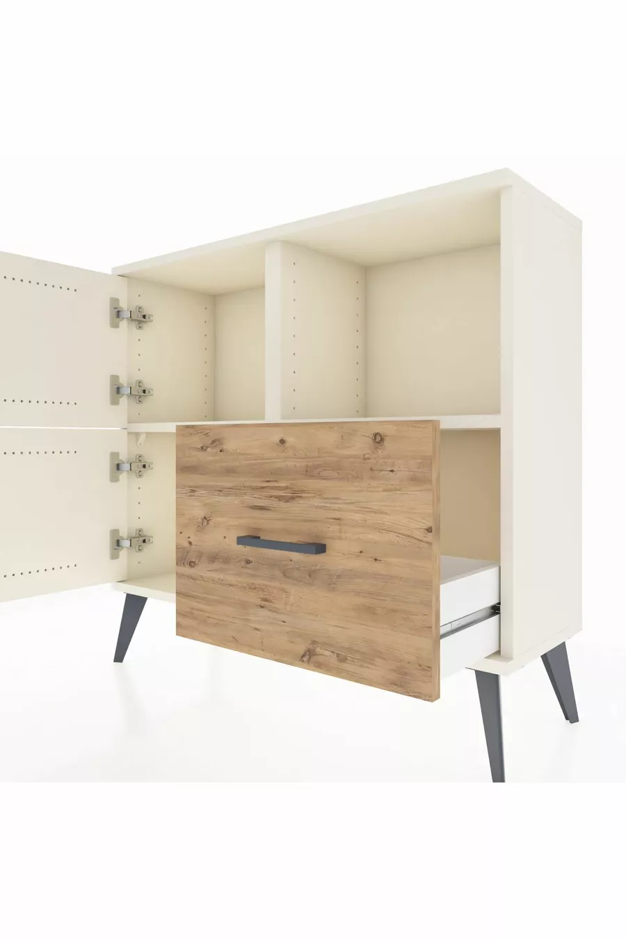Commode Arges avec 2 étagères, 1 tiroir, 2 portes, couleur Pierre de lune/Pin