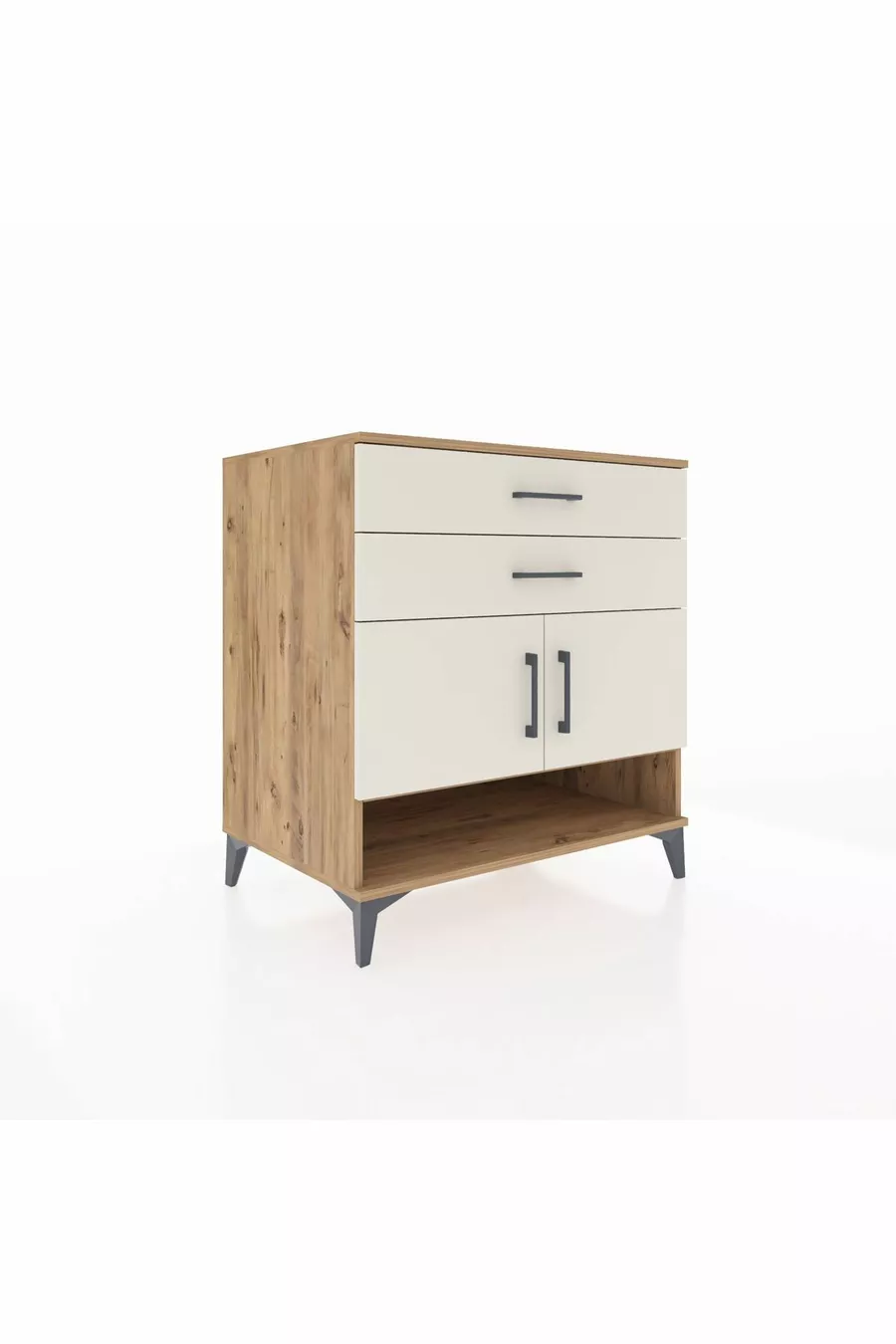 Commode Kronos avec 2 étagères, 2 tiroirs et 2 portes, en pin et pierre de lune