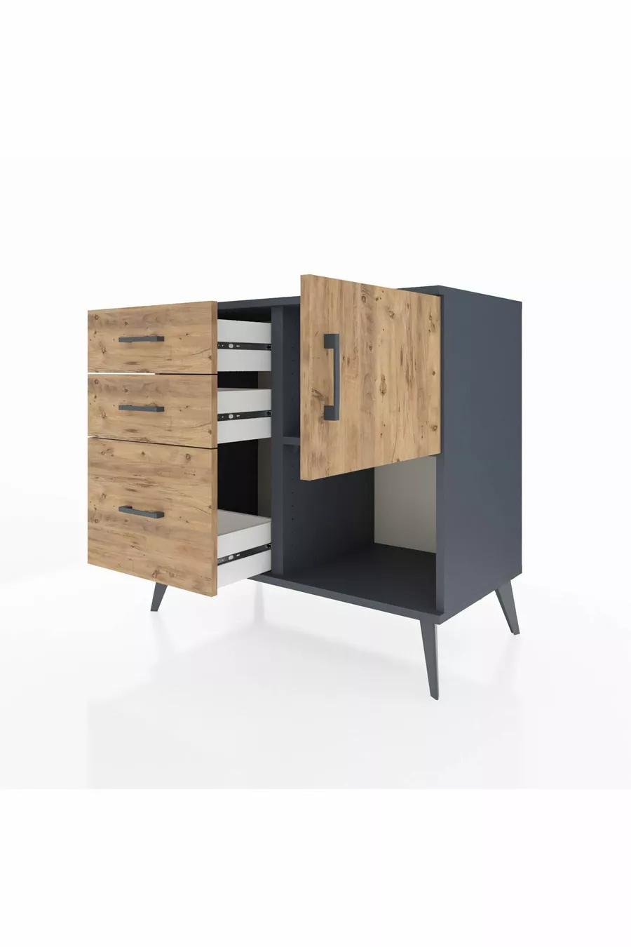 Commode Hyperion à une étagère, 3 tiroirs et une porte, Anthracite-Bois de pin