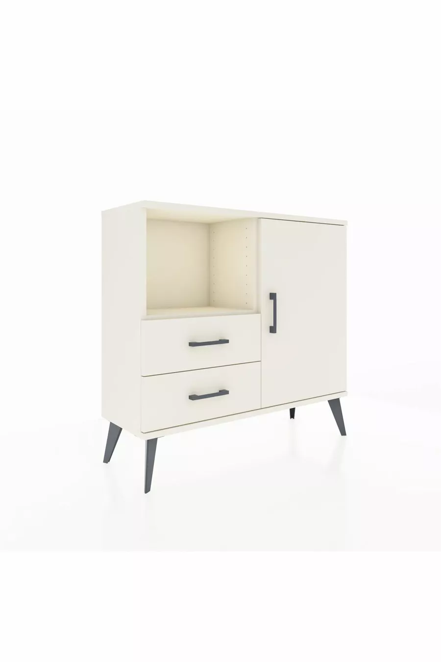Commode Arges avec 2 étagères, 2 tiroirs et une porte, couleur Oeil-de-pierre