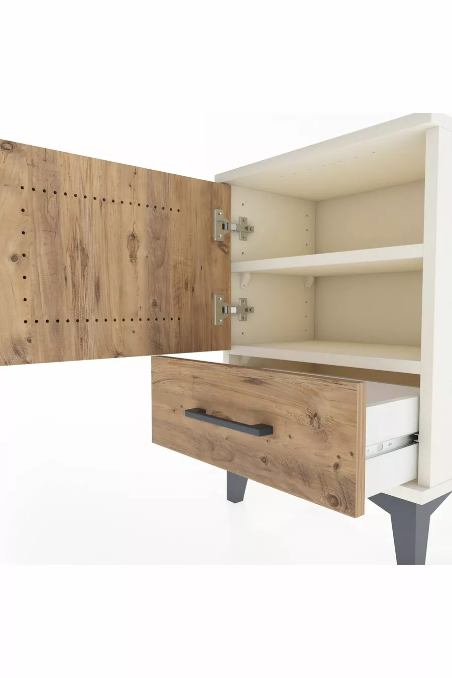 Table de chevet Arges à 2 étagères et 1 porte, en Pierre de lune et pin