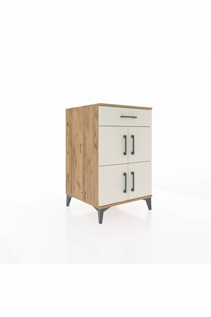 Table de chevet Kronos avec une étagère et un tiroir, 4 portes, pin-pierre de lave