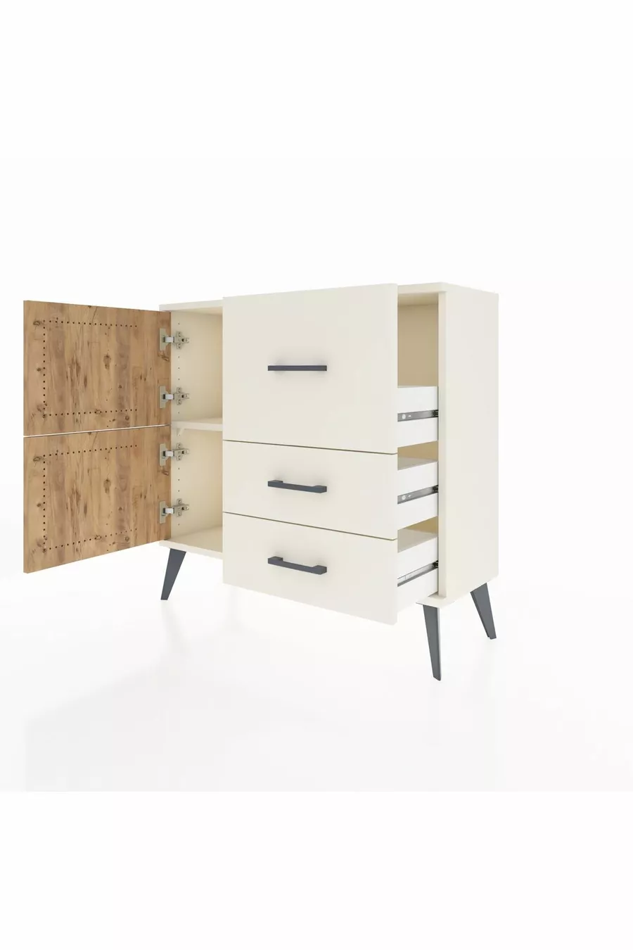 Commode Arges à une étagère, 3 tiroirs et 2 portes, Pierre de lune-Pin/Pierre de lune
