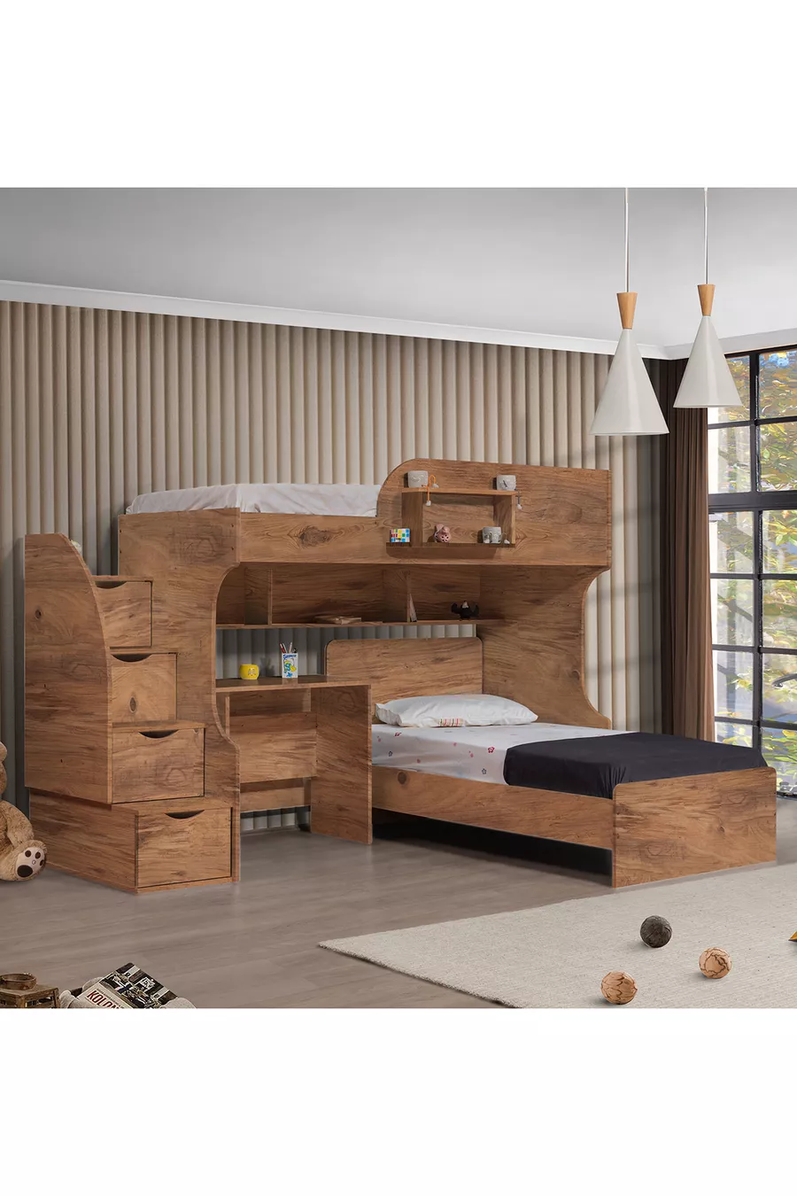 Lits superposés, lits superposés Aura avec lit, armoire à 3 portes + 2 matelas Comfort