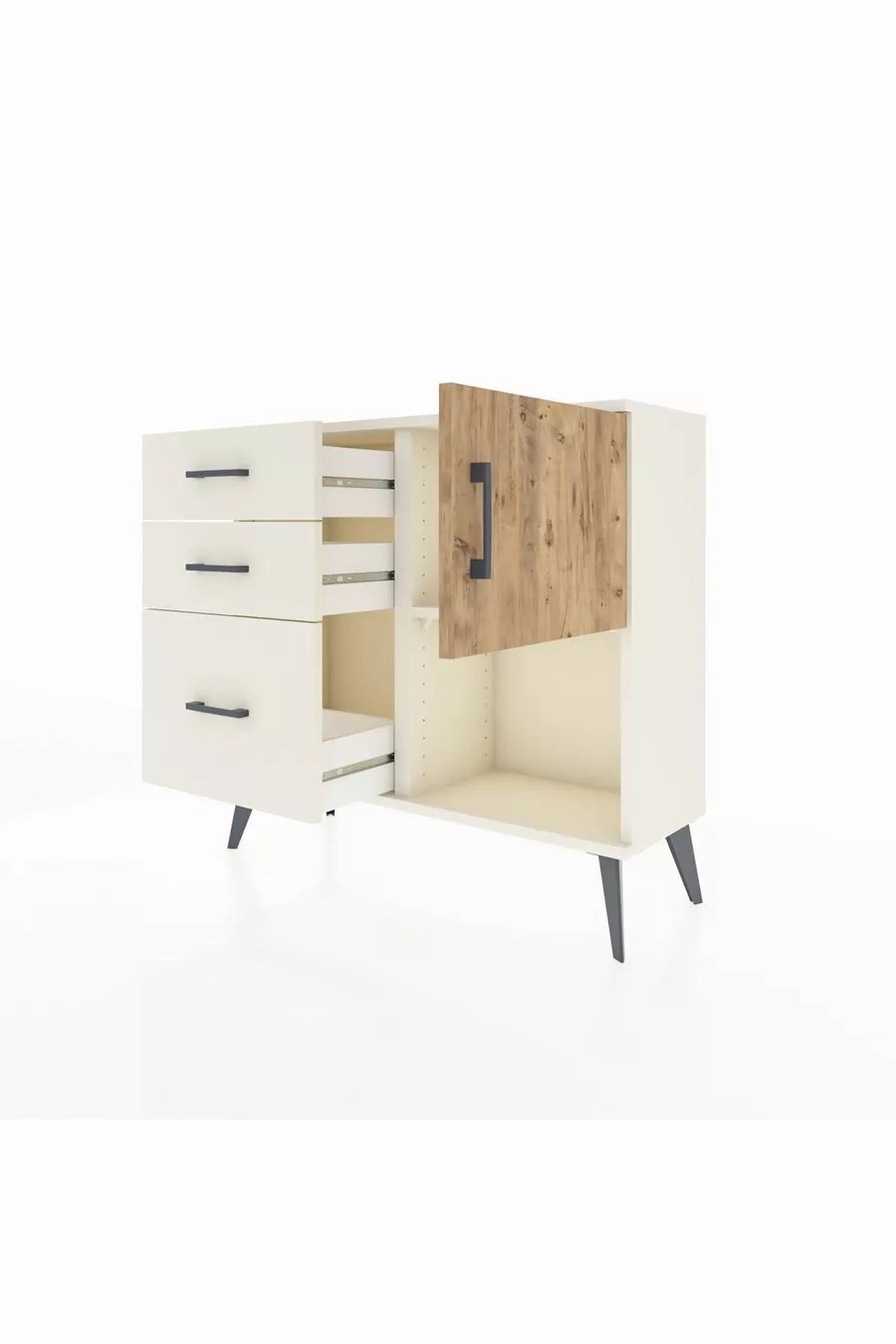 Commode Arges avec une seule étagère, 3 tiroirs et une porte, couleur Pierre de Lune/Pin