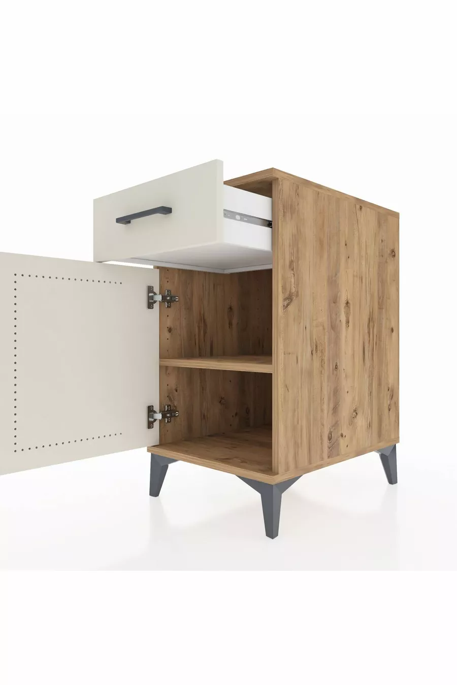 Chevet Kronos avec une étagère, un tiroir et une porte en pin et pierre d'onyx