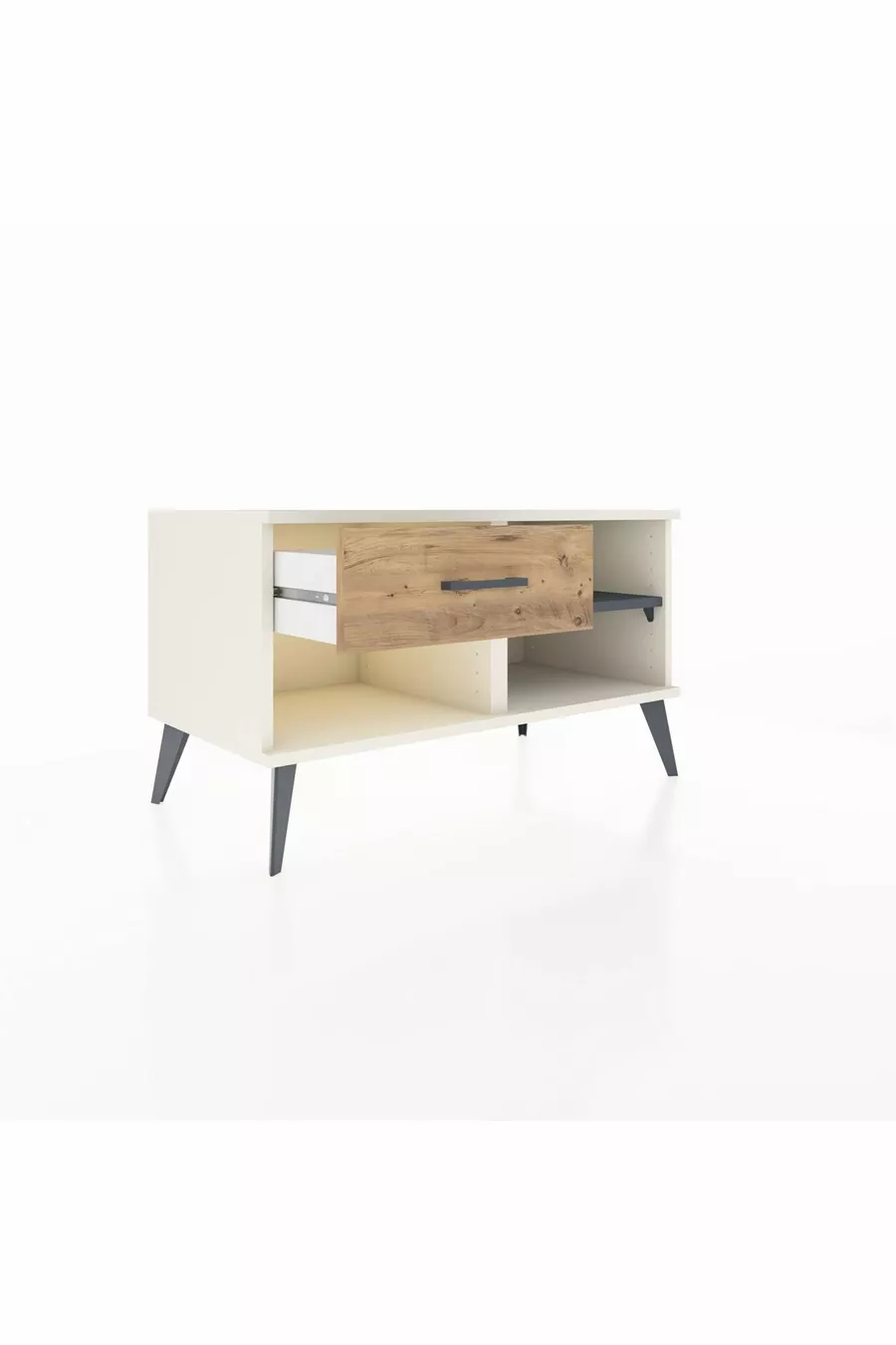 Commode Hyperion à une étagère et un tiroir, Pierre de lune-Anthracite/Merisiers