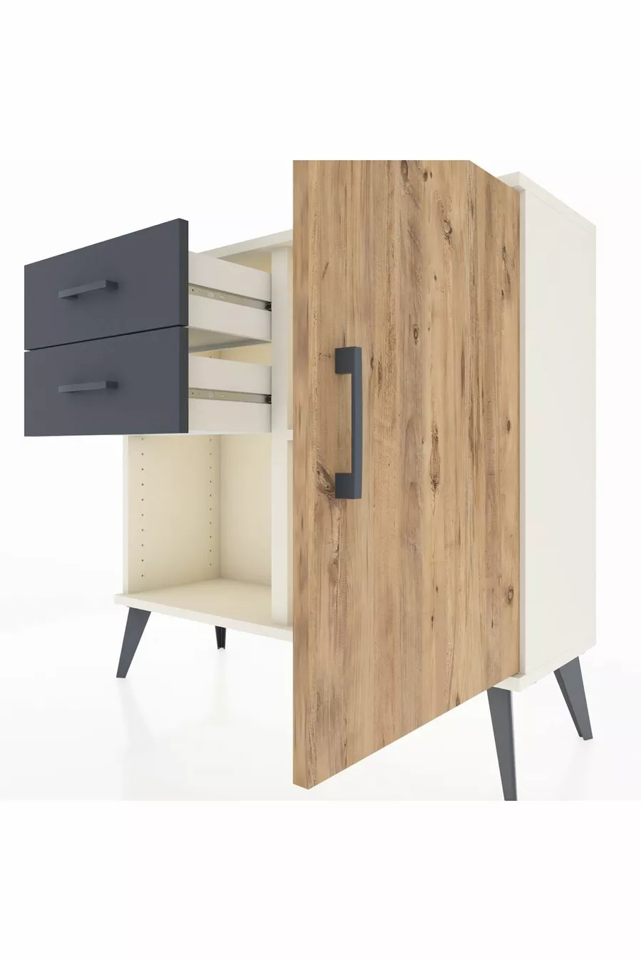 Commode Arges à une étagère, 2 tiroirs et une porte, Pierre de Lune-Pin/Anthracite