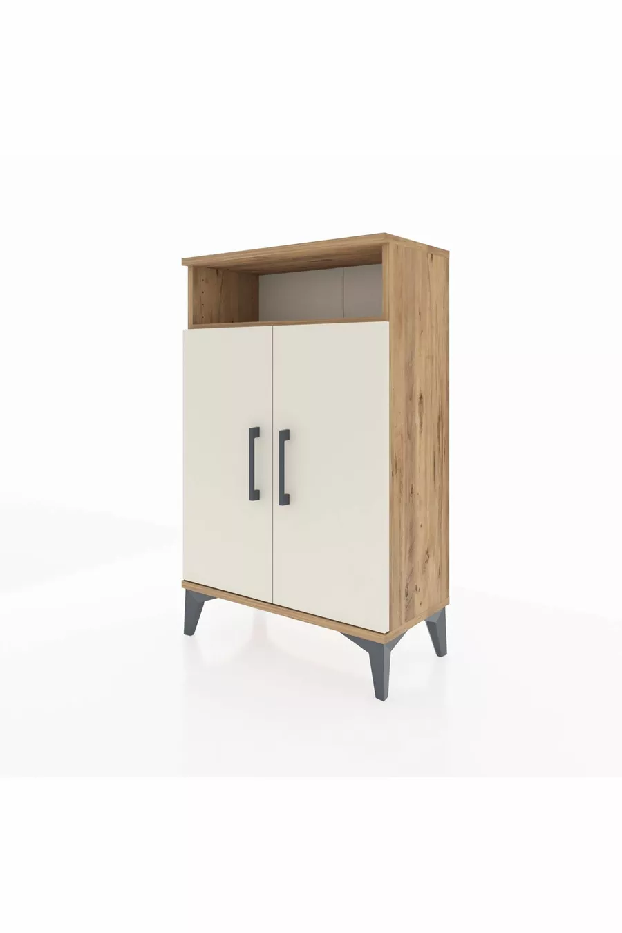 Table de chevet Arges à 3 étagères et 2 portes, pin-pierre d'onyx