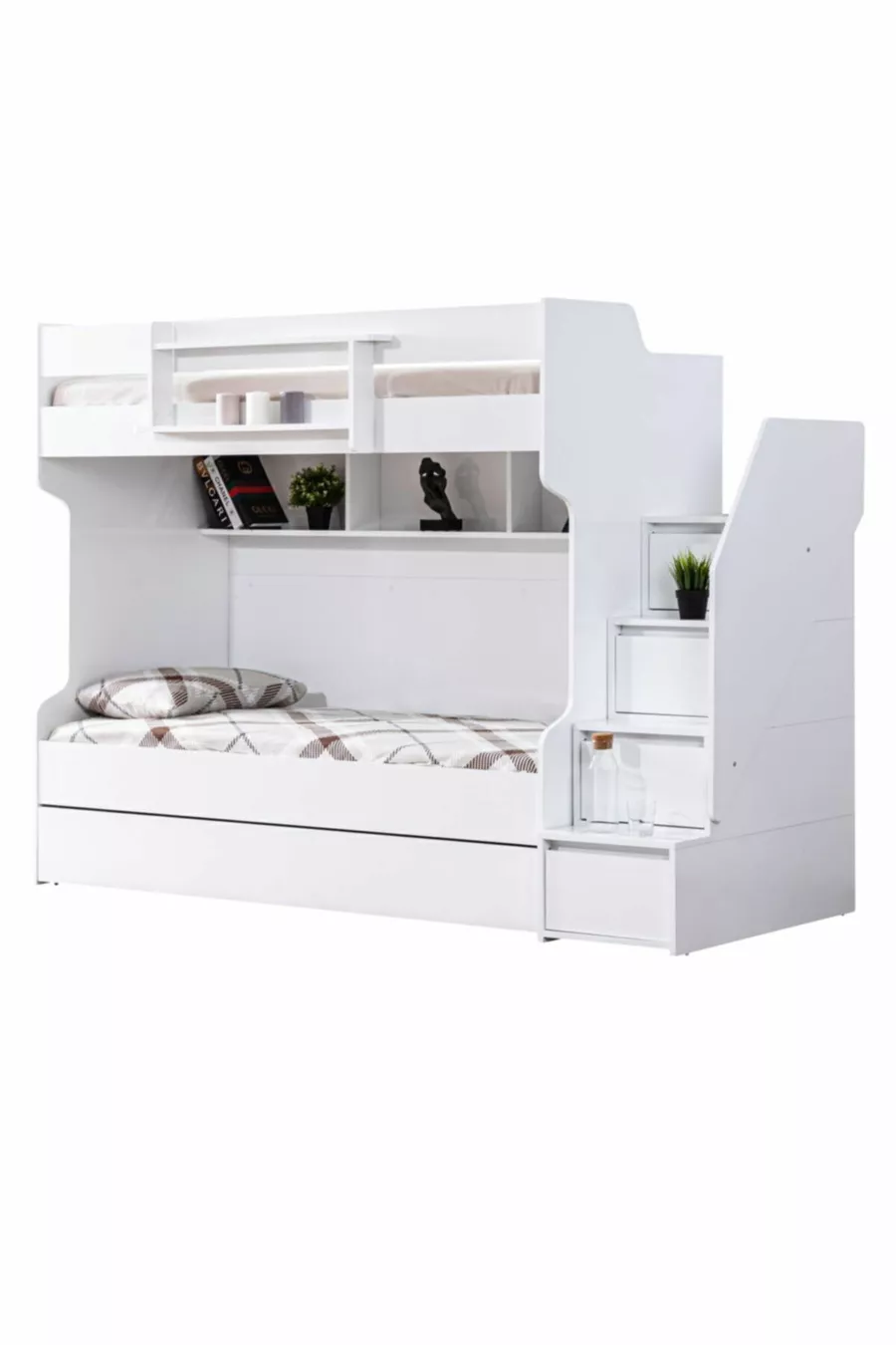Lits superposés Ranza, courageux avec petit lit - Blanc, 2 matelas confort