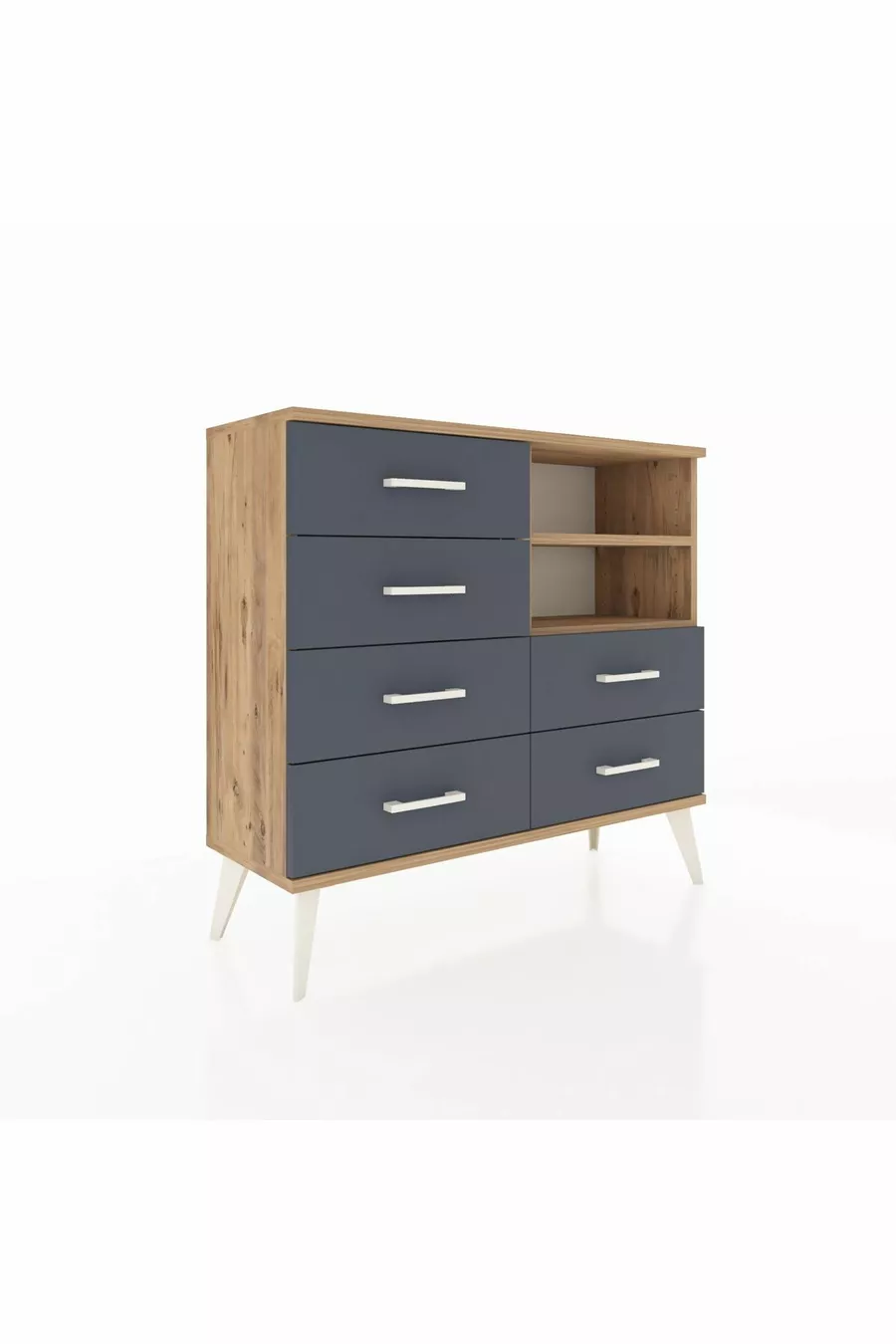 Commode Arges 2 étagères 6 tiroirs Pin-Pin/Anthracite