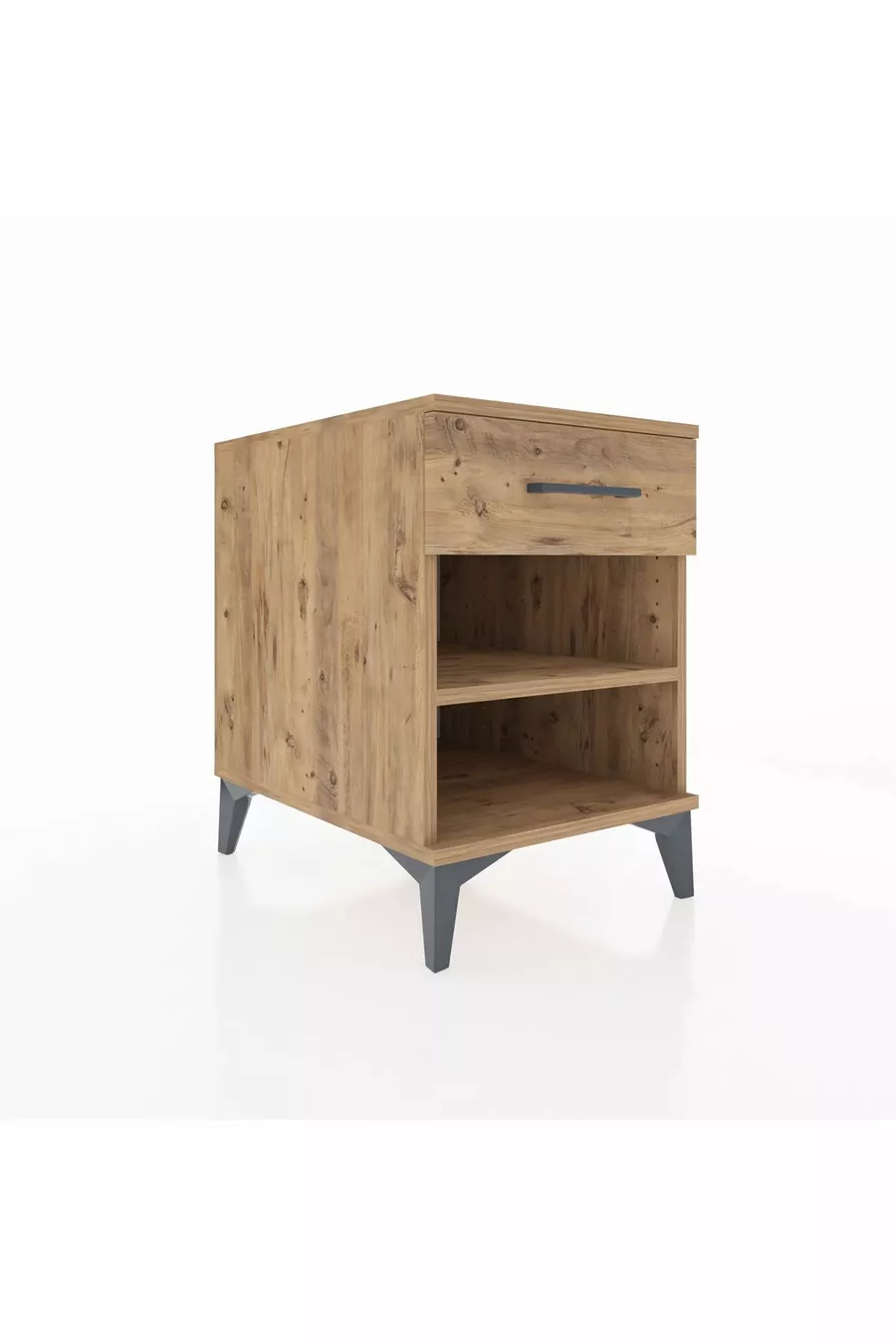Table de chevet Kronos avec une étagère et un tiroir, pin-pin