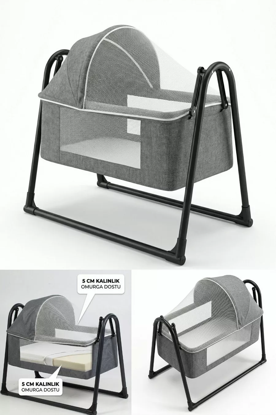 Lit bébé à côtés épais, avec moustiquaire et tente, suspendu. Berceau panier portable neuf anthracite