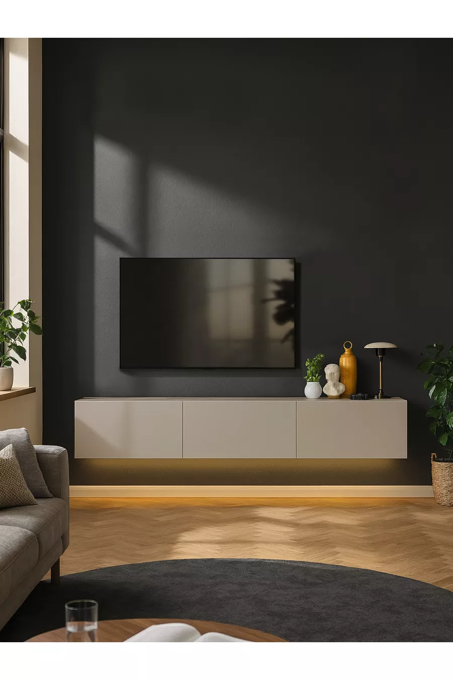 Meuble TV à LED Li  cm - Couleur Sable, Moderne, Large, Design avec Étagères - Table TV | Cercei