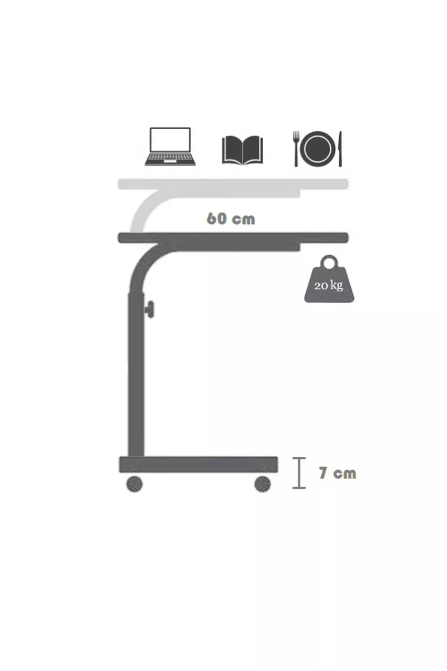 Tablette et support pour ordinateur portable réglables en hauteur - Pin Atlantique (À ROULETTES) Bord Ovale