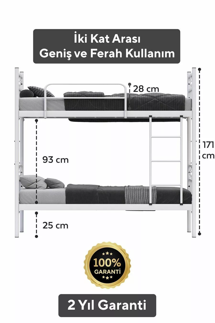 Lit superposé en métal blanc détachable Koza Ranza compatible avec matelas 