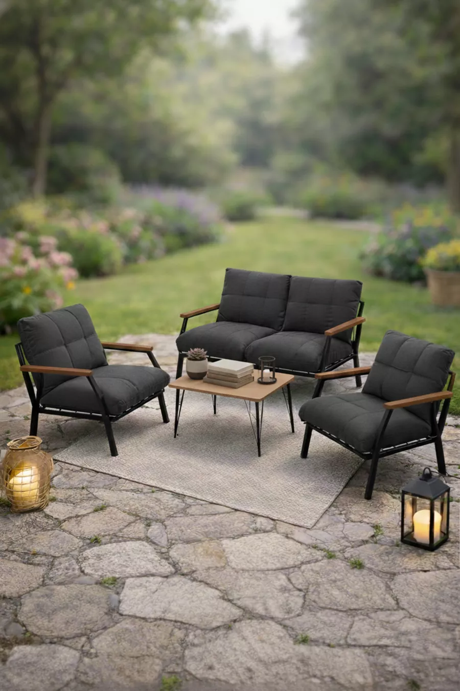 Mobilier de jardin 2 1 1 Ensemble de jardin Miray avec table en métal Ensemble de balcon Ensemble de thé 