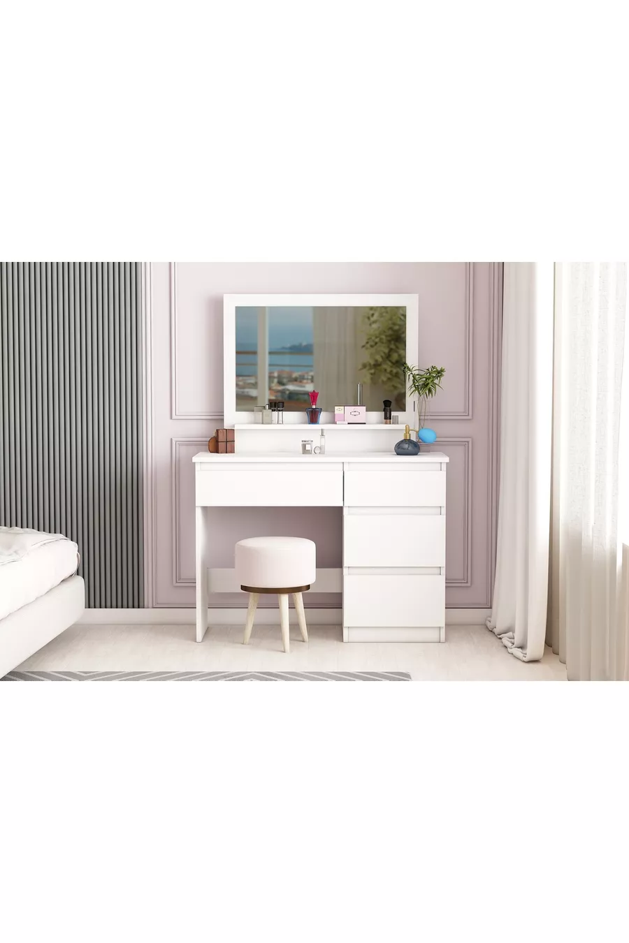 Coiffeuse Duru, 4 tiroirs, avec miroir, étagères, blanche