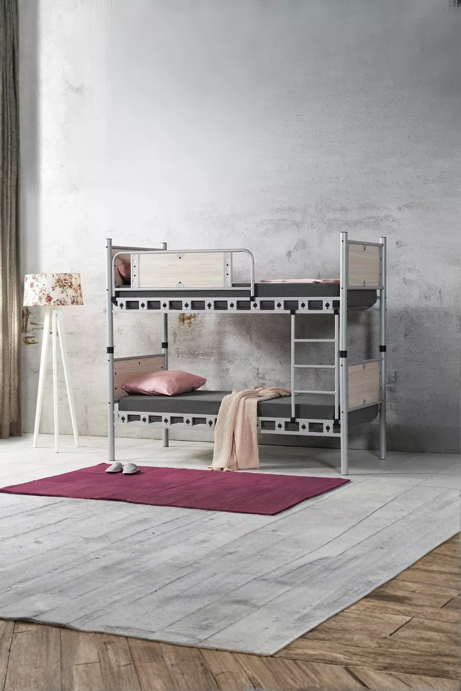 Chambre d'enfant élégante pour jeunes avec lits superposés en métal et cadre de lit en bois