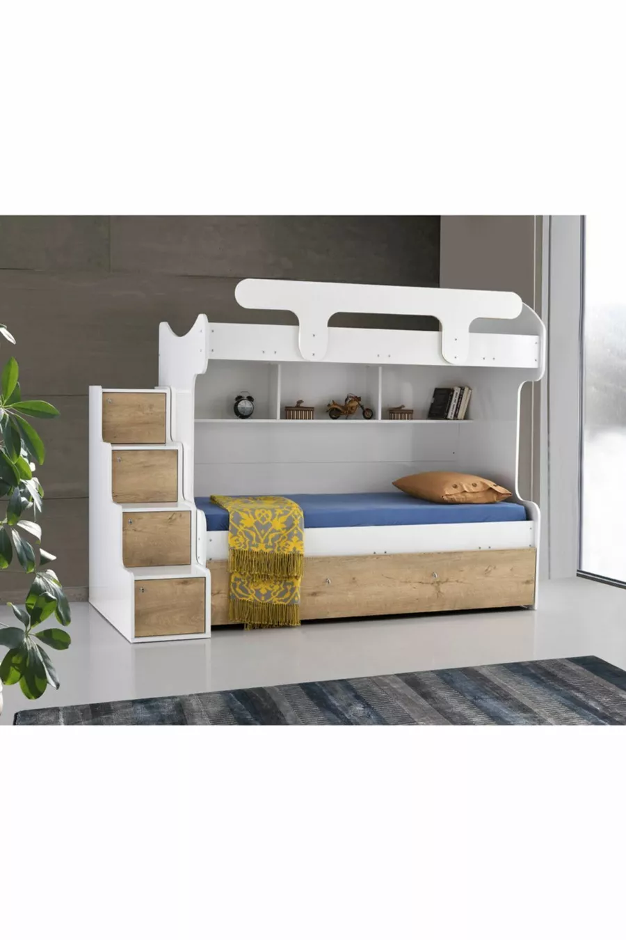 Samara Ranza - Lits superposés avec 3 lits - lits avec petit lit - blanc brillant-noyer Sonoma