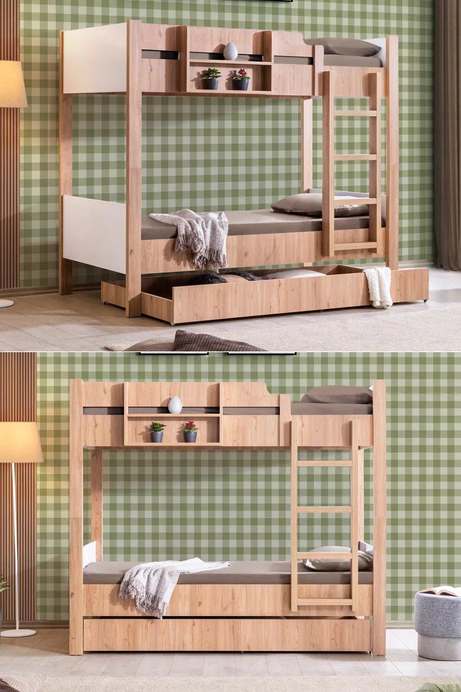 Lits superposés avec lits pour enfants, Lit superposé modulable pour enfants Asya, Noyer - Blanc