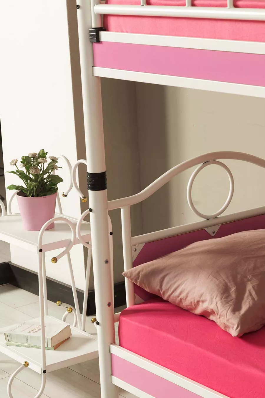 Chambre d'enfant Émeraude Lit superposé et lit en bois avec tête en métal Blanc Rose