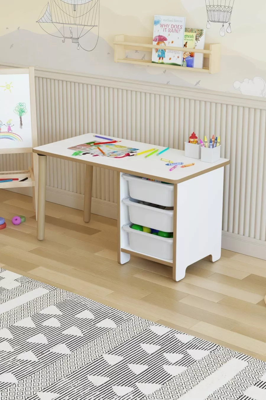 Table pour enfants Cm avec 3 paniers, table de travail pour enfants, table d'activités effaçable