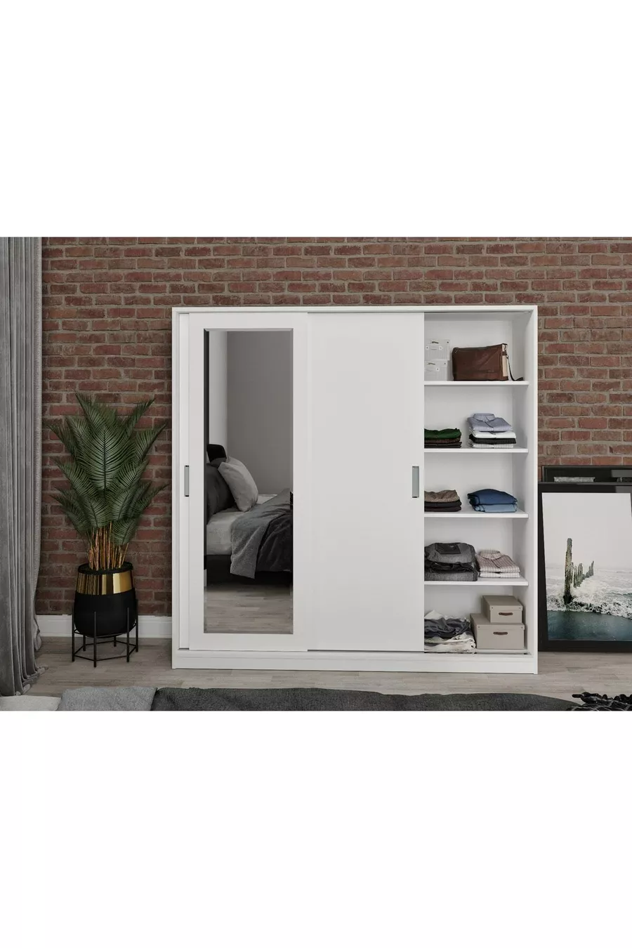 Armoire blanche Samira en MDF avec portes coulissantes et miroir, 3 portes
