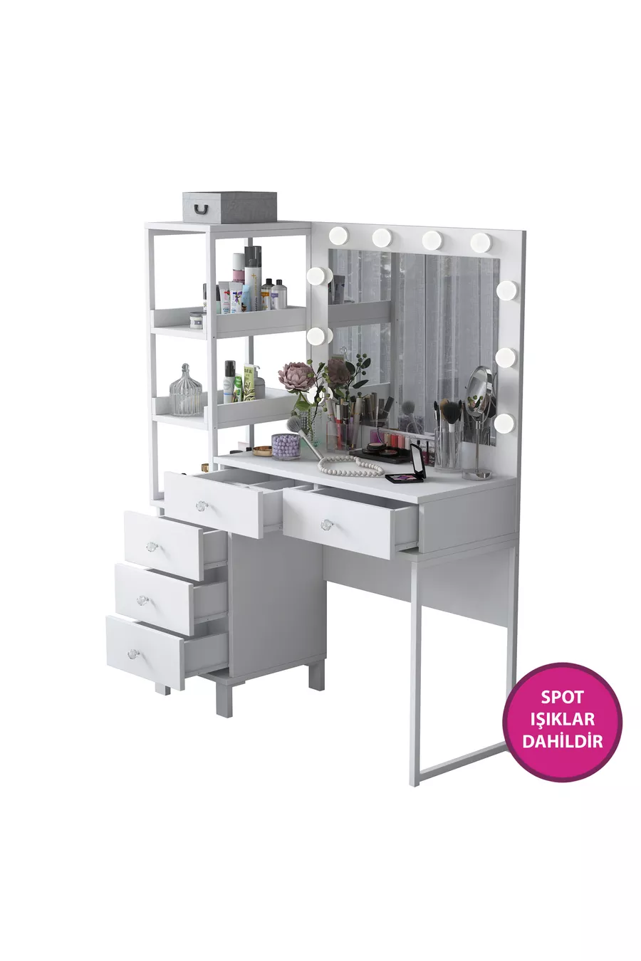 Rani Coiffeuse Miroir avec Lumières de Hollywood, 5 Tiroirs avec Étagère, Organisateur de Bijoux, Blanc