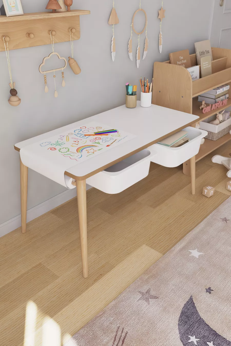 Table d'activité pour enfants avec papier à dessin en rouleau, 2 chaises et tiroir - Panda