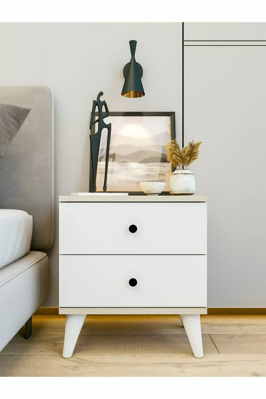 Table de chevet Cordoba en bois avec tiroirs blanc brillant et marron pour chambre à coucher