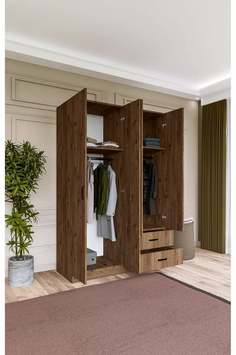 Armoire Yaman Çam à 4 portes et 2 tiroirs - Garde-robe
