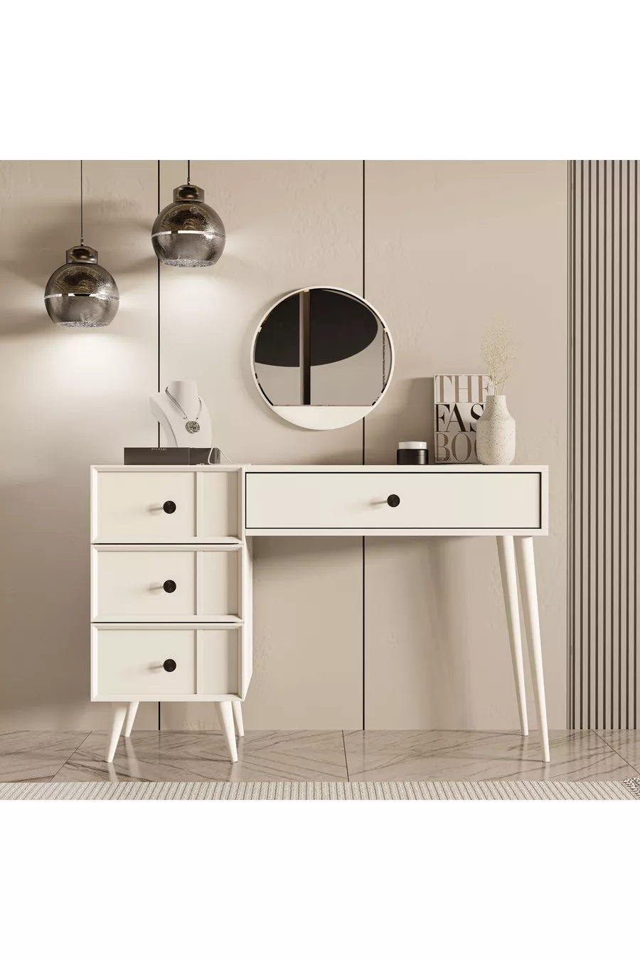COIFFEUSE ROSE AVEC MIROIR (PIEDS EN BOIS) CADRE EN MDF, 4 TIROIRS, BLANC