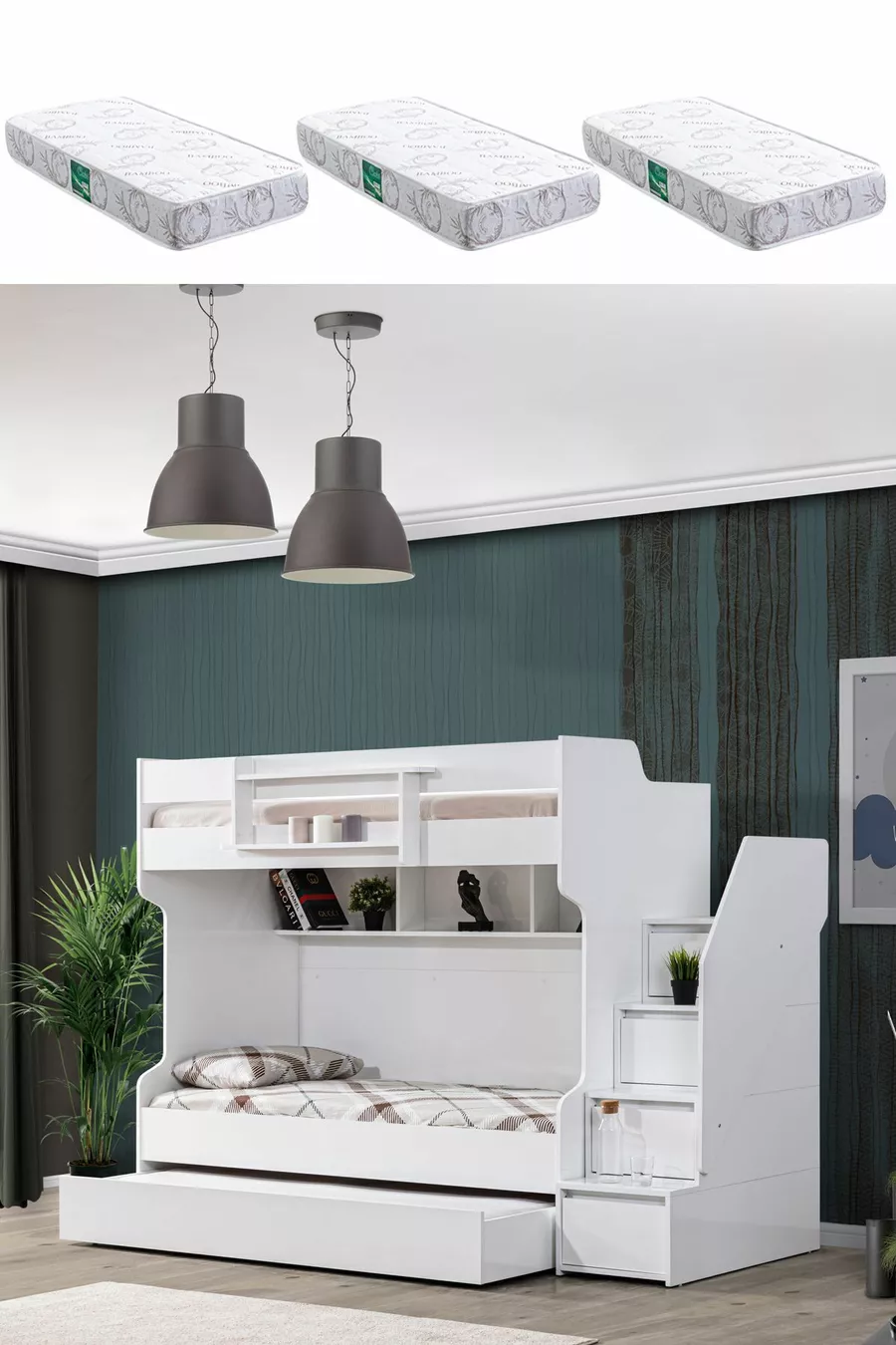 Lits superposés Ranza, courageux avec petit lit - Blanc, 3 matelas confort