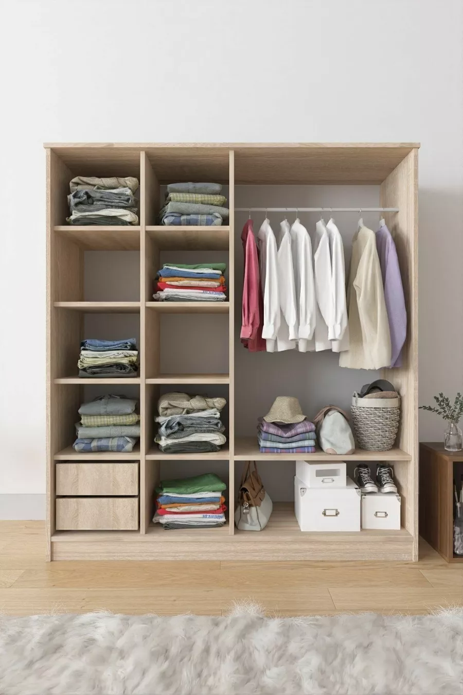Armoire coulissante  Zambak avec étagères multiples, tiroirs et penderie, gris anthracite