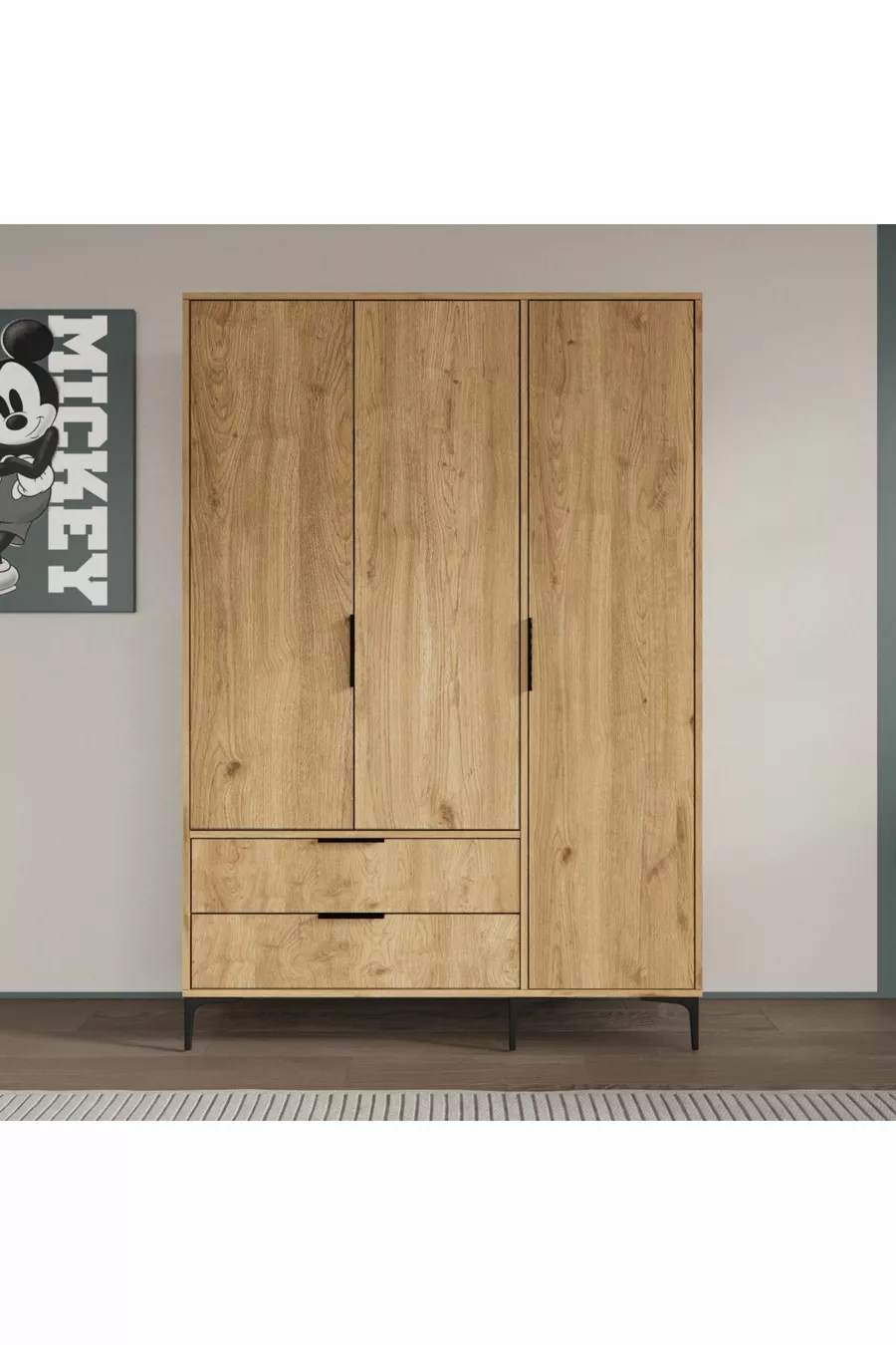Armoire Aden à 3 portes avec tiroirs et paniers complets, penderie, armoire avec étagères