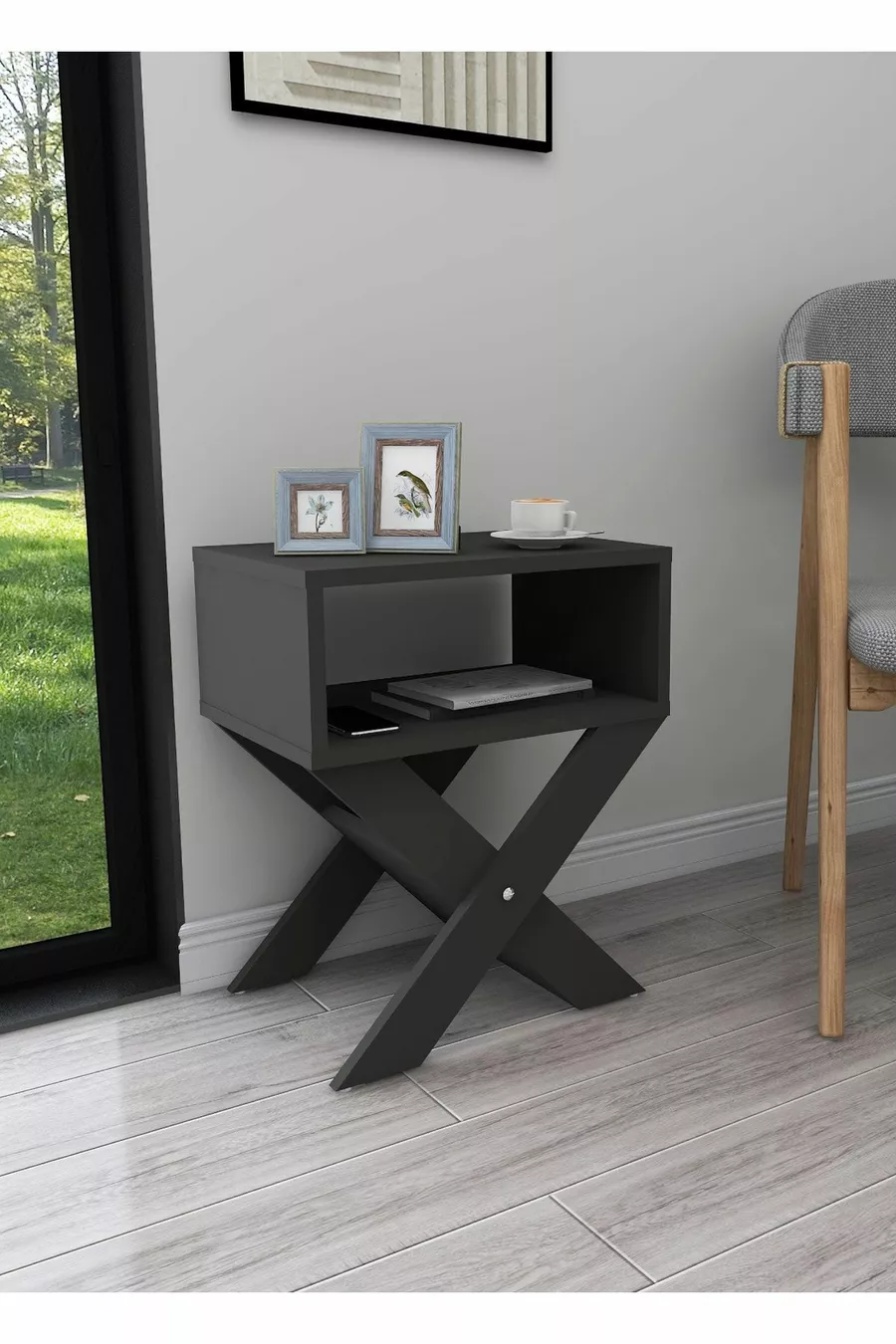 Table de chevet avec pieds en X et porte-revues, table latérale pour lit