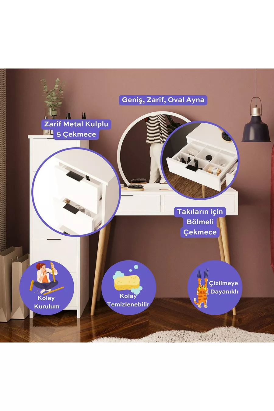 Ensemble de Coiffeuse Lucy – Blanc avec Miroir, Armoire à Tiroirs, Organisateur de Bijoux